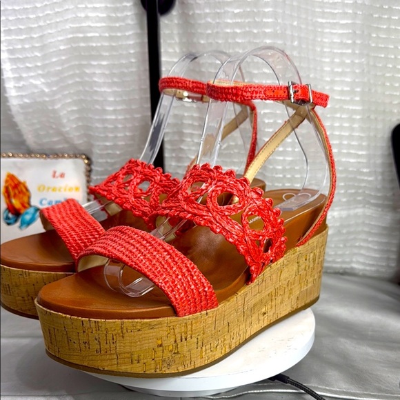 (O)Jessica Simpson Callri Woven Cork Platform Wedge Sandals in Coral Straw,Sz 9M - Picture 2 of 11